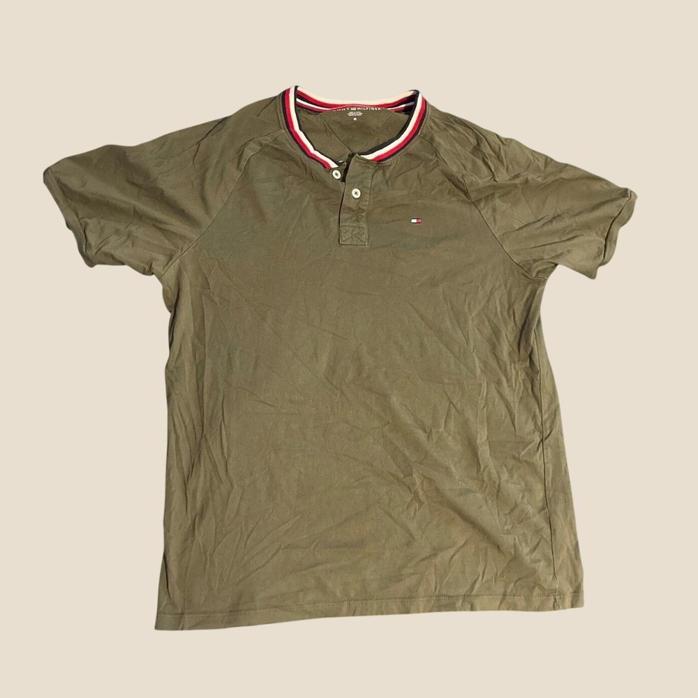 Tommy Hilfiger Mens Olive Green Short Sleeve Henley Shirt Size M Tipped Collar‎